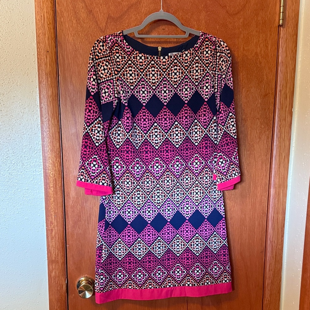 Eliza J Vibrant Pink and Navy Patterned Sheath Dress with Zippered Back